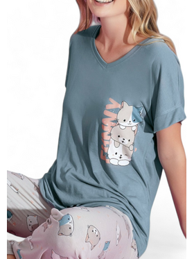 Πιτζάμα γυναικεία μακρύ παντελόνι PijaMood Cats Πολύχρωμο