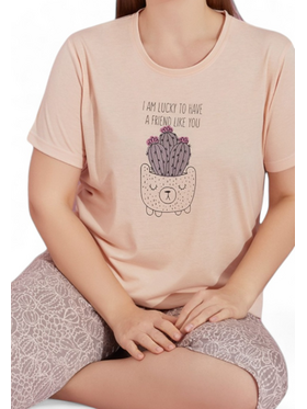 Πιτζάμα γυναικεία με κάπρι Plus Size PijaMood Cactus Beige Μπεζ