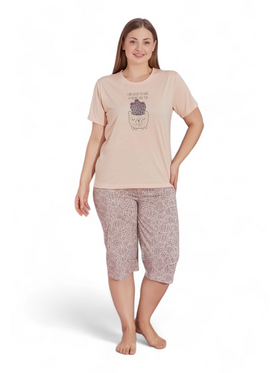 Πιτζάμα γυναικεία με κάπρι Plus Size PijaMood Cactus Beige Μπεζ