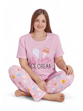 Πιτζάμα γυναικεία με μακρύ παντελόνι Plus Size PijaMood Ice Cream Ροζ