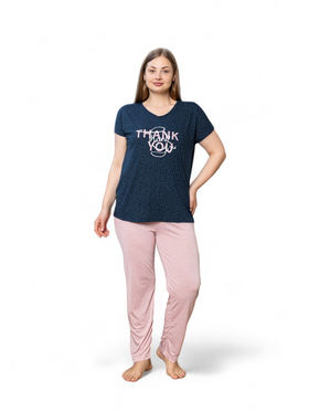 Πιτζάμα γυναικεία με μακρύ παντελόνι Plus Size PijaMood Thank You Μπλε