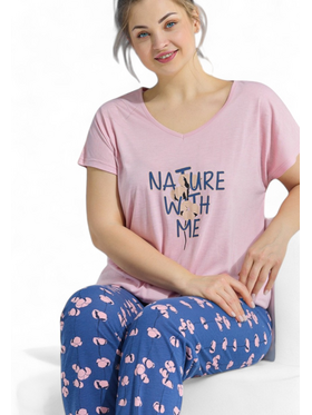 Πιτζάμα γυναικεία με μακρύ παντελόνι Plus Size PijaMood Nature Ροζ