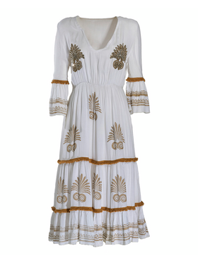 Ble Φορεμα Μακρυ Λευκο με Σχεδια one Size (100% Viscose)
