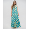Ble Φορεμα Μακρυ Αμανικο Τυρκουαζ με Φυλλα και Χρυσες Λεπτομερειες one Size(100% Crepe)