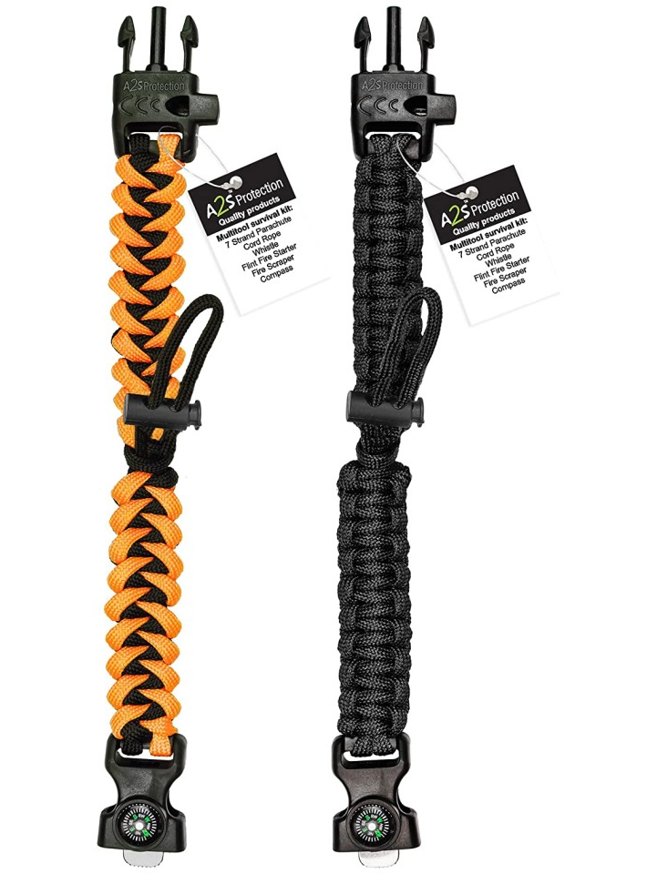 A2S Protection Paracord Bracelet K2-Peak - Survival Gear Kit with Embedded  Compass, Fire Starter, Emergency Knife & Whistle (Black/Orange 9) 